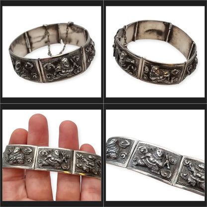 Pulsera de plata victoriana angloindia con seis deidades budistas joyería