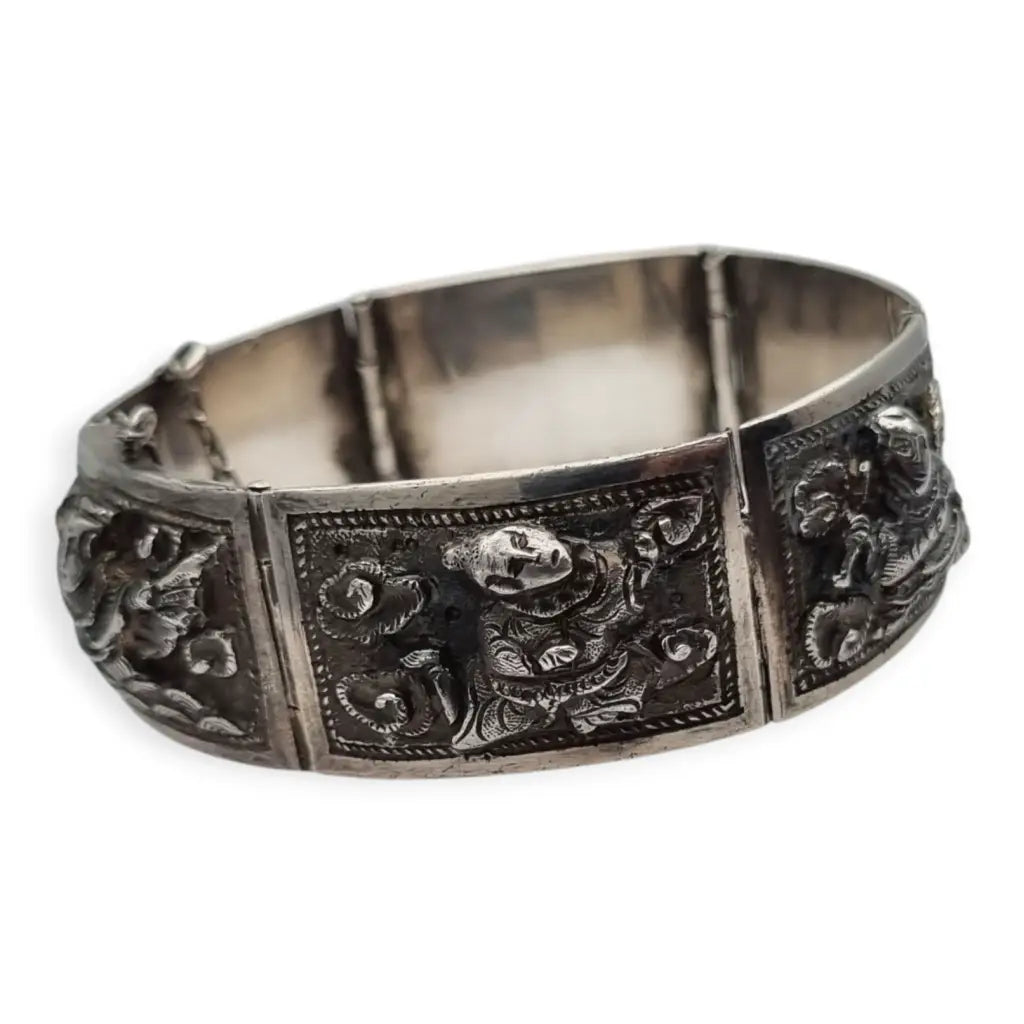 Pulsera de plata victoriana angloindia con seis deidades budistas joyería