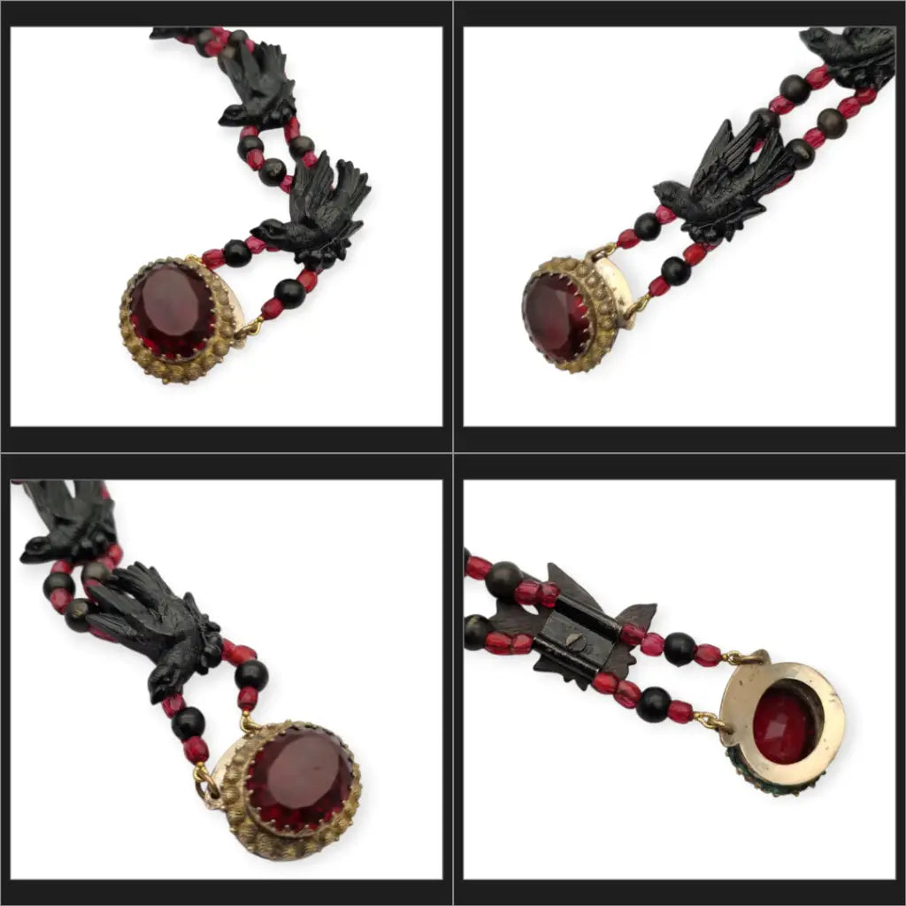 Pulsera victoriana de luto joya sentimental con pájaros vulcanita cuentas
