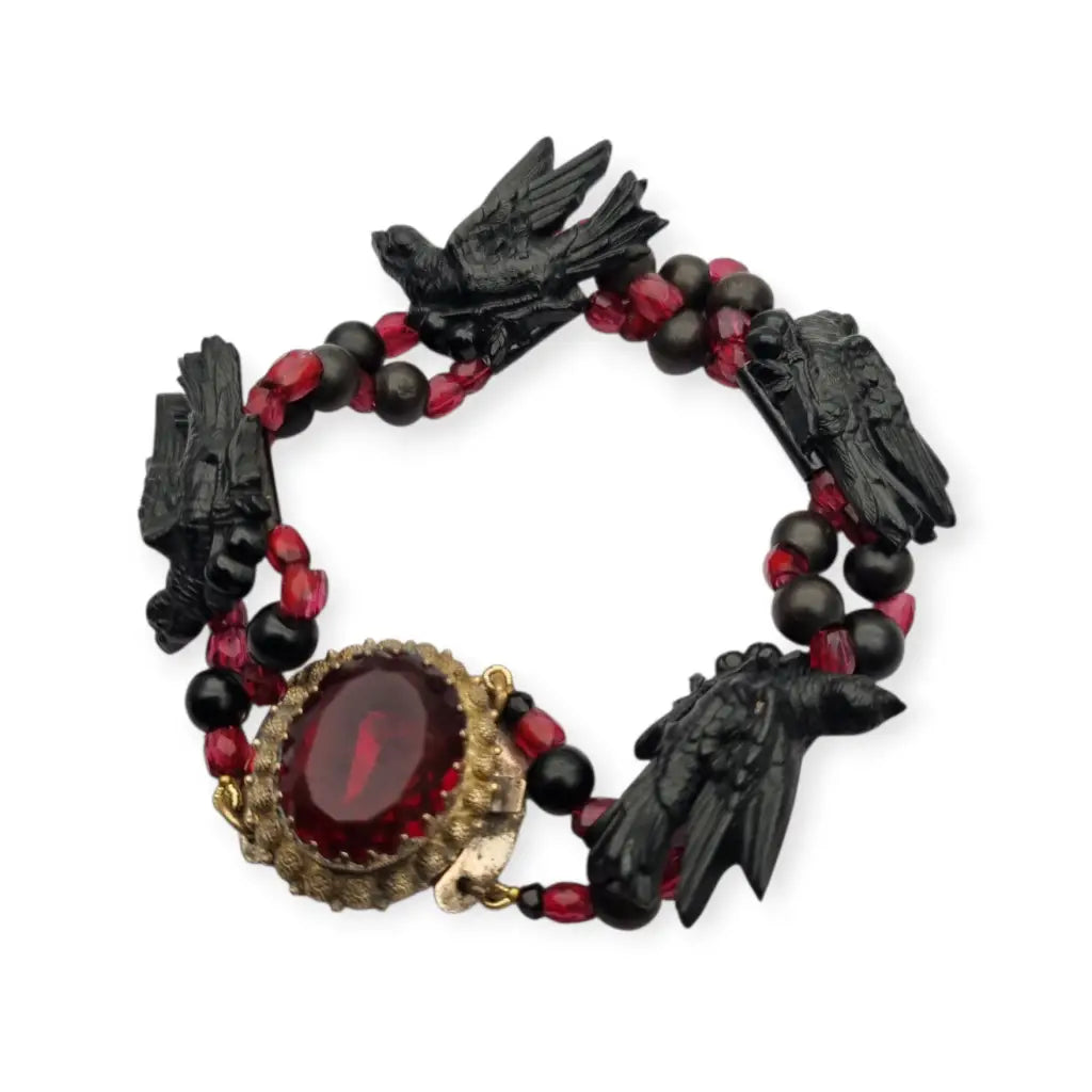 Pulsera victoriana de luto joya sentimental con pájaros vulcanita cuentas