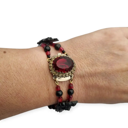 Pulsera victoriana de luto joya sentimental con pájaros vulcanita cuentas