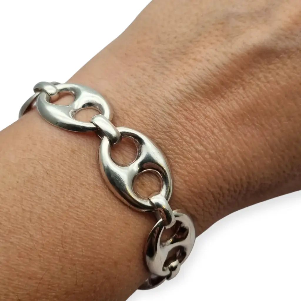 Pulsera vintage calabrote en plata maciza diseño ovalado doble estilo náutico