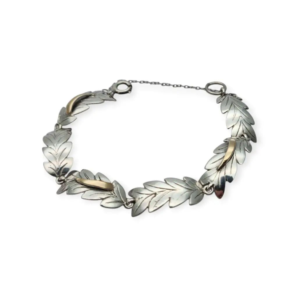 Pulsera vintage de plata y oro Art Decó tardío • Diseño hojas grabadas