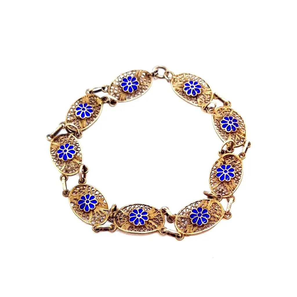 Pulsera de filigrana plata floral. Esmalte Azul. Circa 1950. Joyas