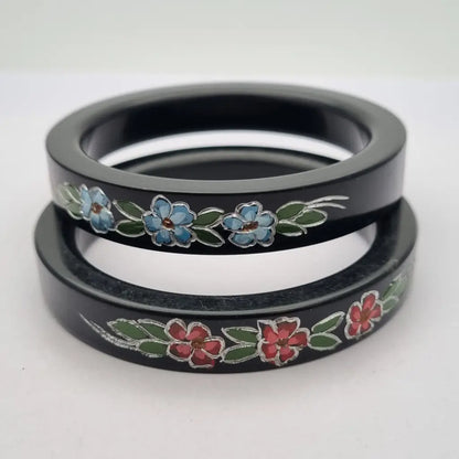 Pulseras de Lucite Juego dos pulseras pintadas a mano con diseño floral