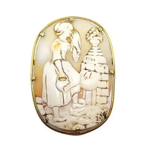 Raro broche de camafeo victoriano tallado en oro 18k escena inusual con mujer