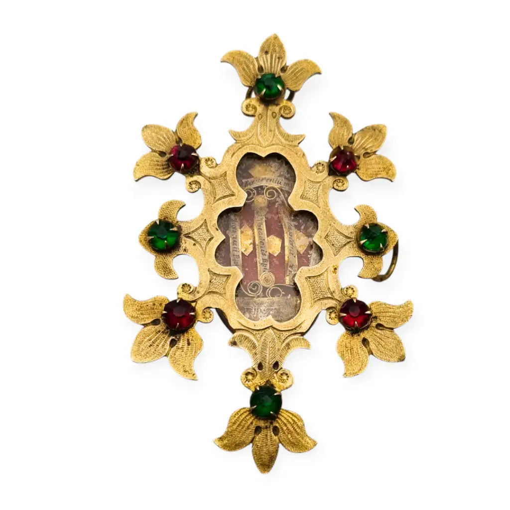 Relicario antiguo colgante con cinco reliquias selladas en metal dorado y gemas