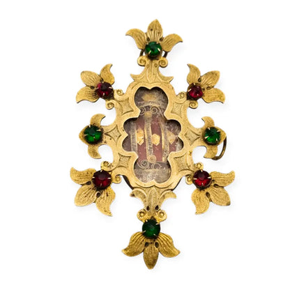 Relicario antiguo colgante con cinco reliquias selladas en metal dorado y gemas