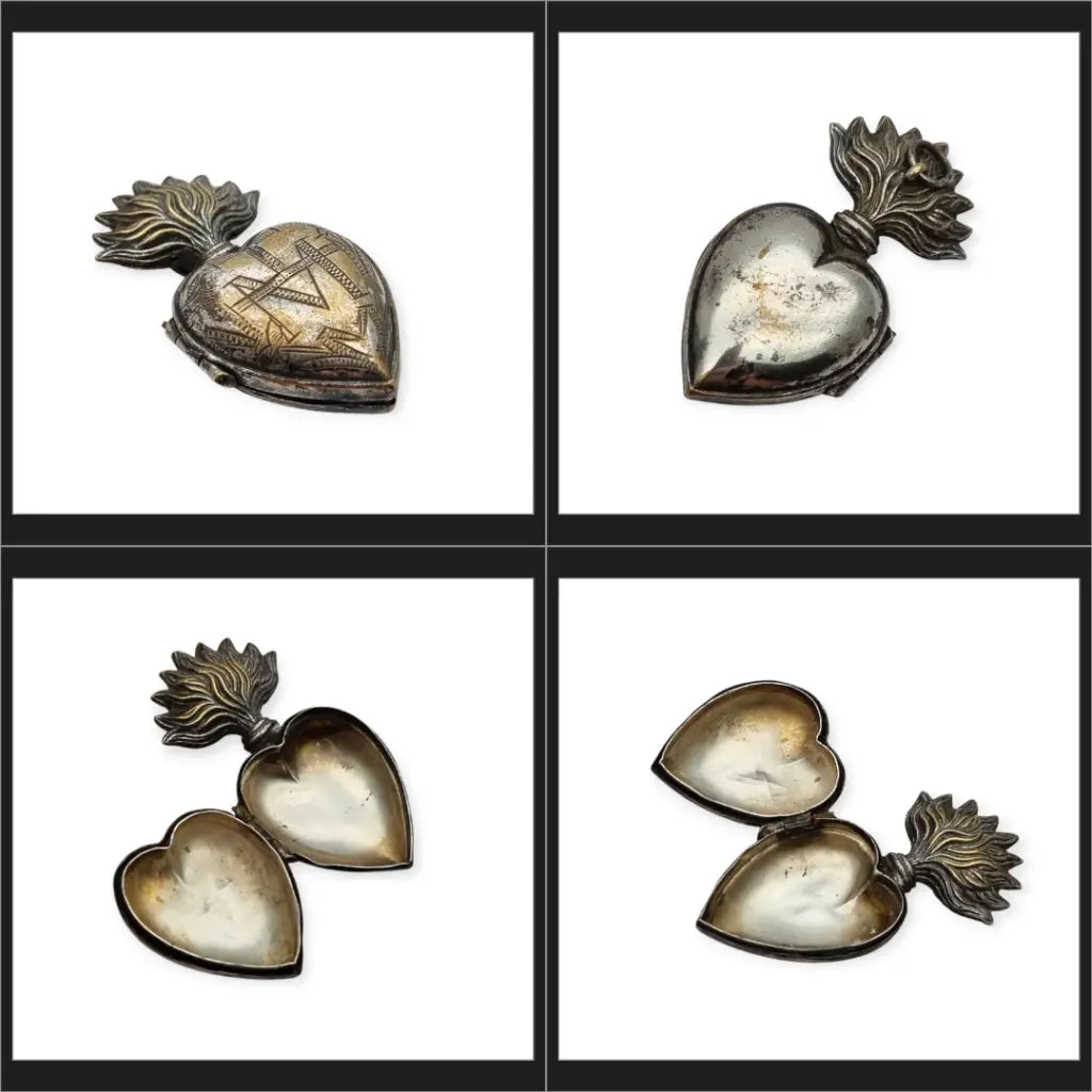 Relicario Sagrado Corazón antiguo en metal plateado grabado con llamas Francia