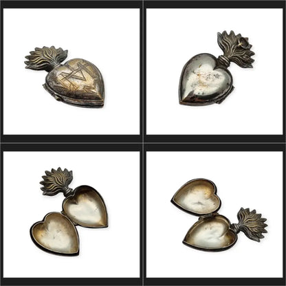 Relicario Sagrado Corazón antiguo en metal plateado grabado con llamas Francia