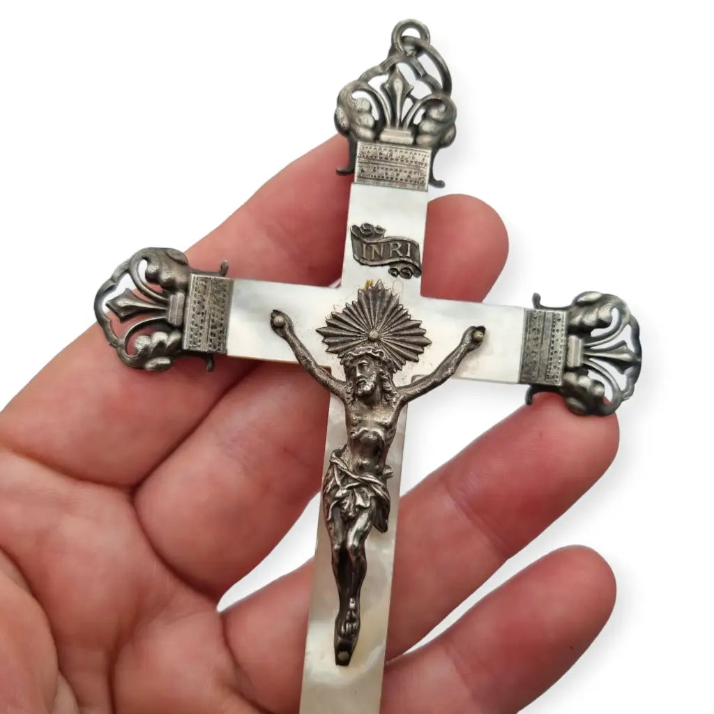 Cruz Antigua de Plata y Nácar pieza católica regalo vintage Joyas Religiosas.