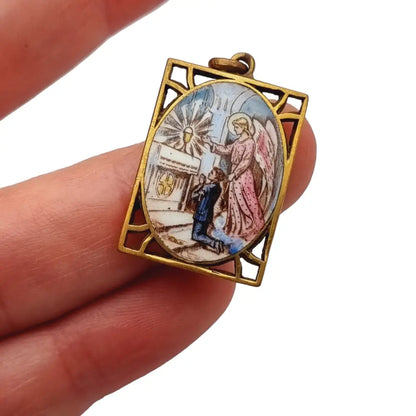 Colgante de esmalte religioso antiguo medalla comunión regalo católico.