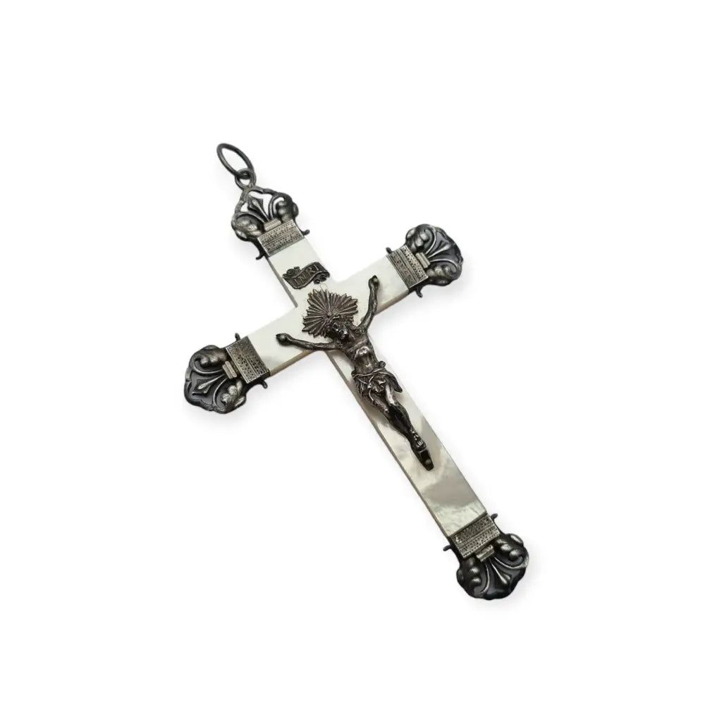 Cruz Antigua de Plata y Nácar pieza católica regalo vintage Joyas Religiosas.