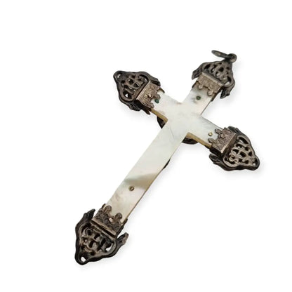 Cruz en plata y nácar católica 1900 joyería francesa regalo religioso.