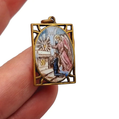 Colgante de esmalte religioso antiguo medalla comunión regalo católico.