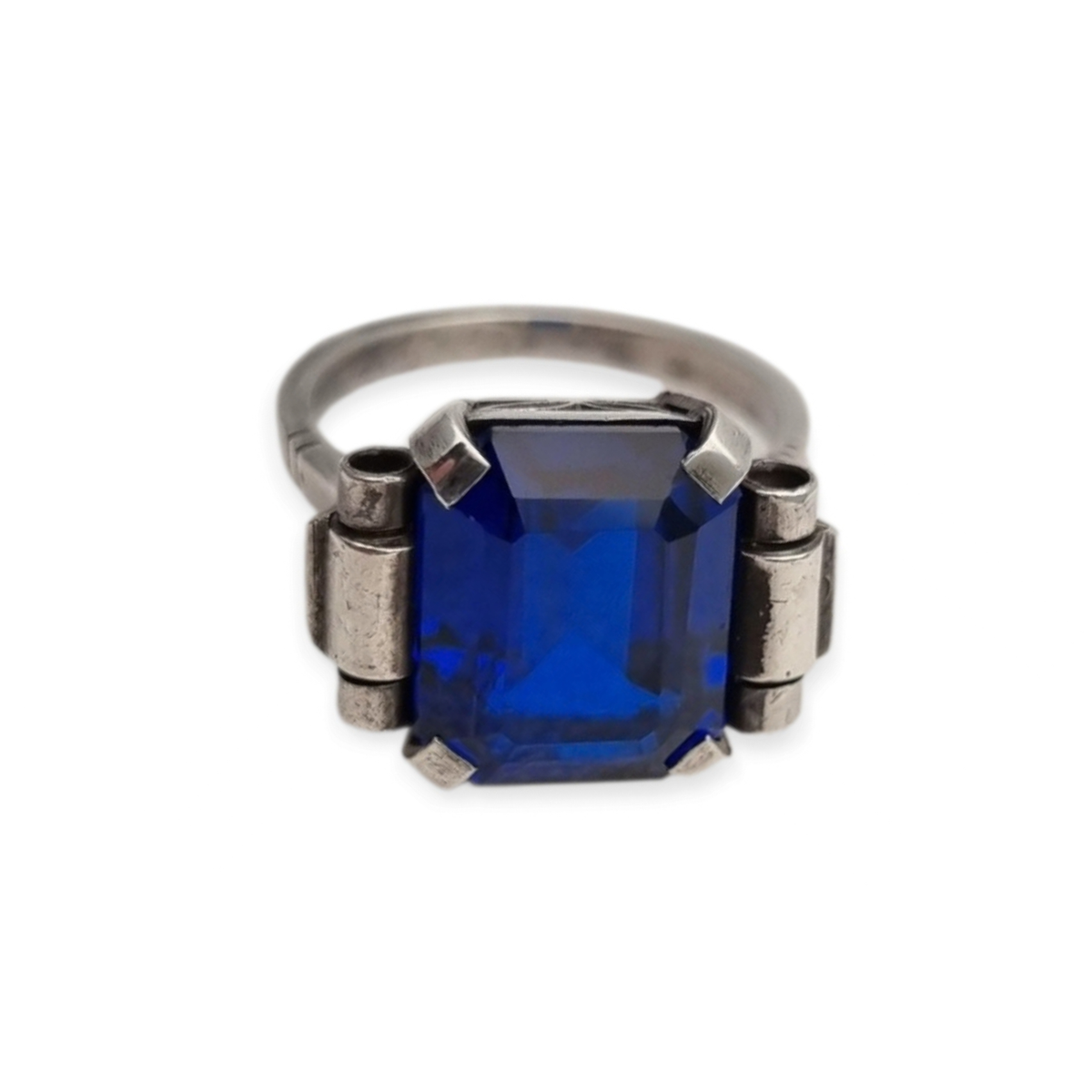 Antique Art Deco silver ring with faceted blue glass, ca. 1930-1940