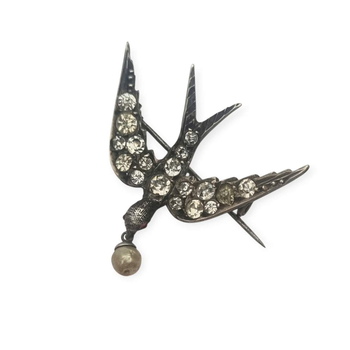 Antique Victorian Sentimental Silver Swallow Brooch with Paste and Pearl, circa 1900