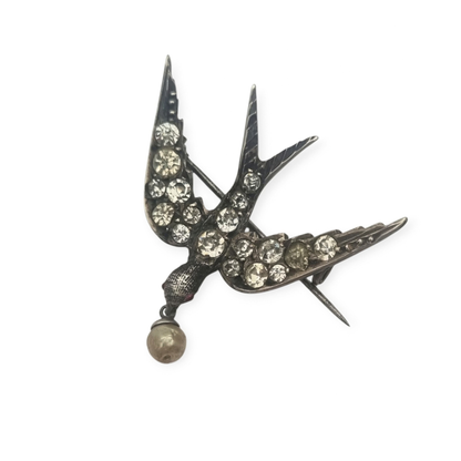 Antique Victorian Sentimental Silver Swallow Brooch with Paste and Pearl, circa 1900