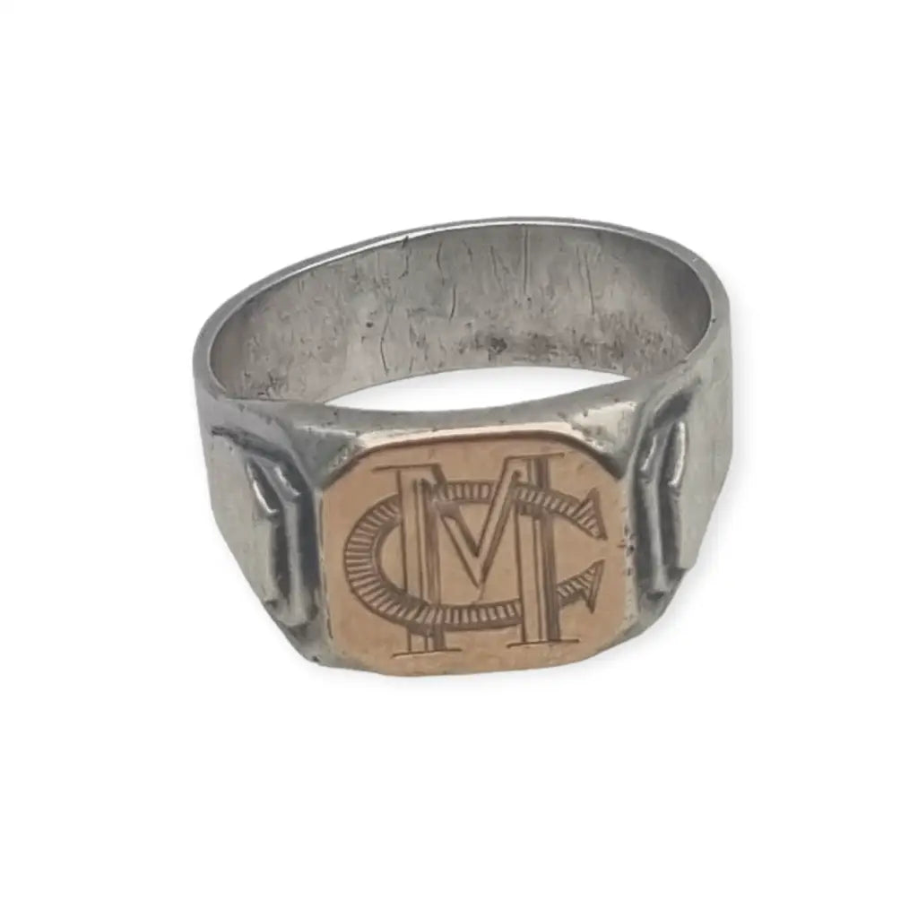 Anillo sello Art Deco de plata y vistas oro para hombre 1940 regalos