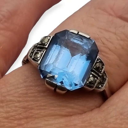 Anillo art déco antiguo para mujer de plata compromiso con piedra azul