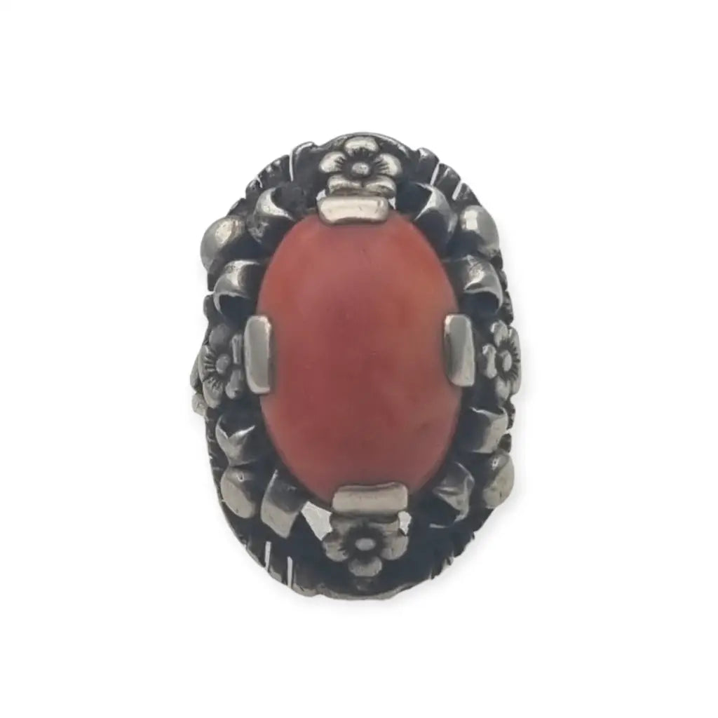 Anillo Art Deco Coral y Plata joyería floral de mujer Ideal regalos antiguos.