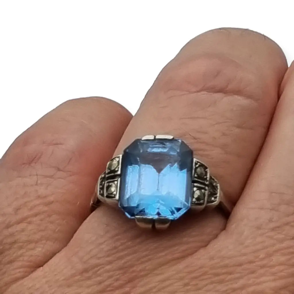 Anillo art déco antiguo para mujer de plata compromiso con piedra azul