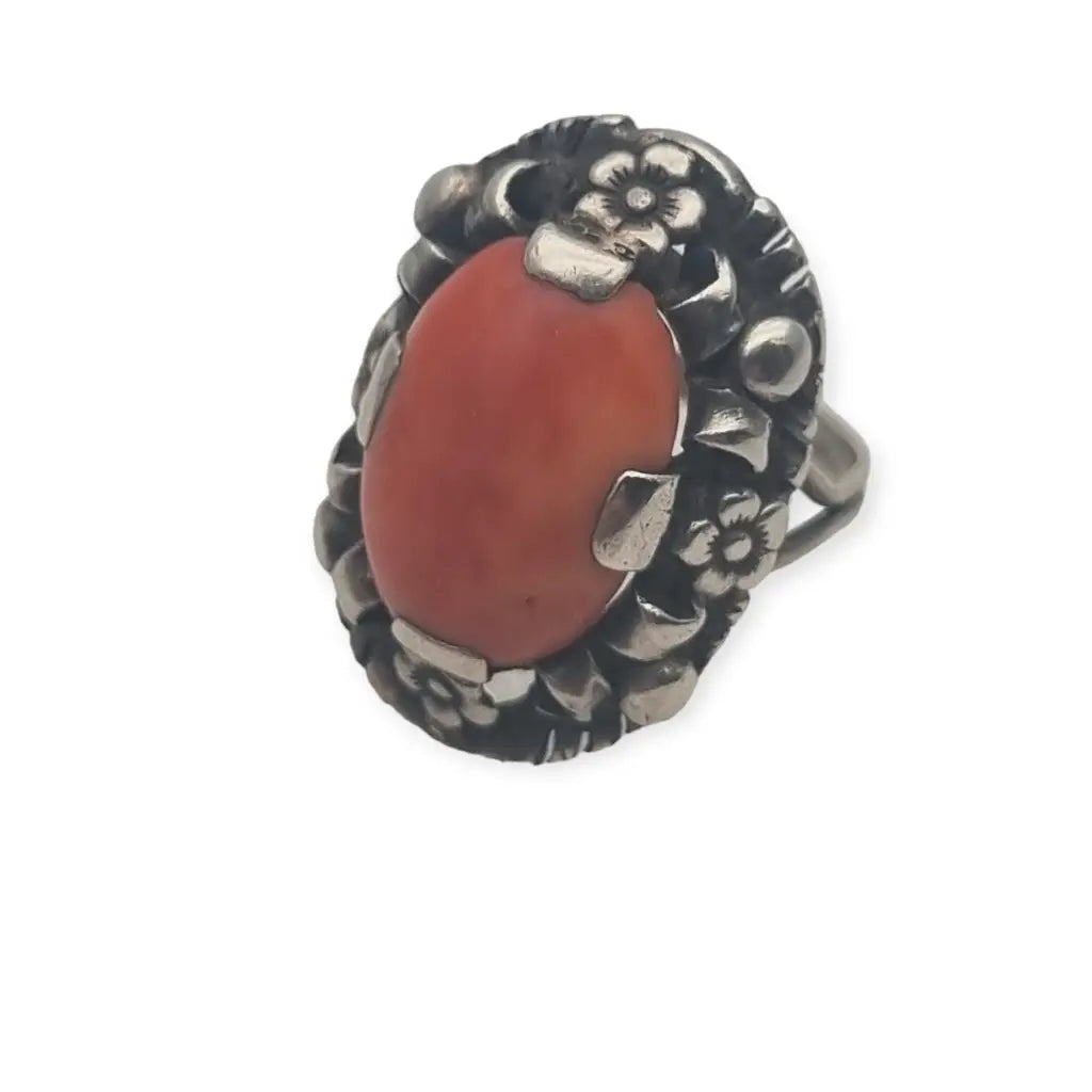 Anillo Art Deco Coral y Plata joyería floral de mujer Ideal regalos antiguos.