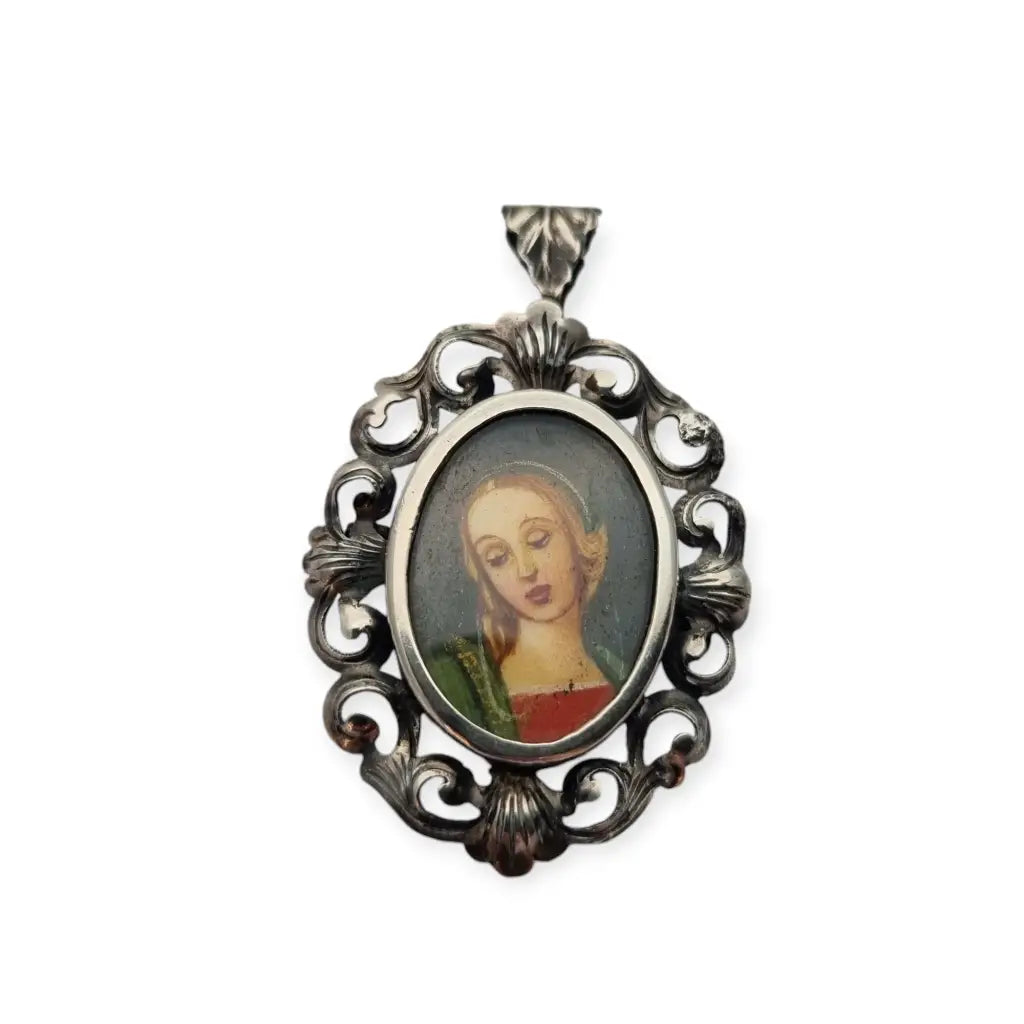 Colgante de plata 800 miniatura Virgen joya religiosa italiana siglo XX.