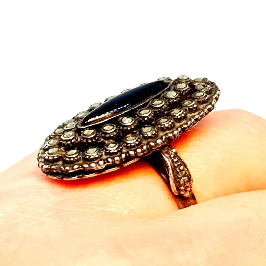 Anillo victoriano anillo mujer vintage Onyx plata 925 onix y marcasitas anillos
