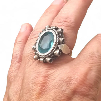 Antiguo Anillo de sello Art Déco en plata y piedra azul 1940 regalos mujer.