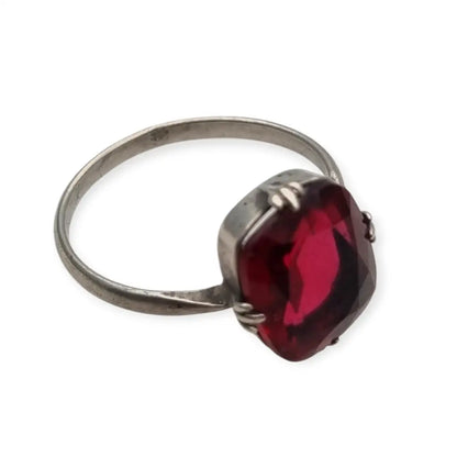 Anillo Art Decó Vintage de Plata y Piedra Roja Estilo Clásico para Mujer