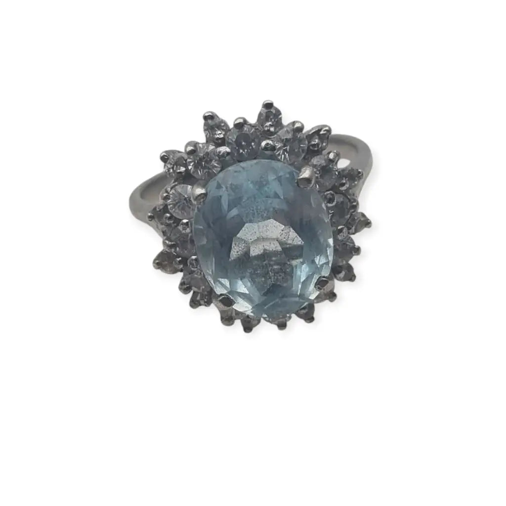 Anillo de cóctel vintage para mujer plata con piedra azul agua y blanca