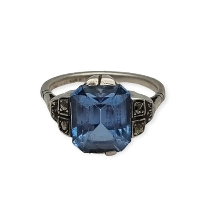 Anillo art déco antiguo para mujer de plata compromiso con piedra azul