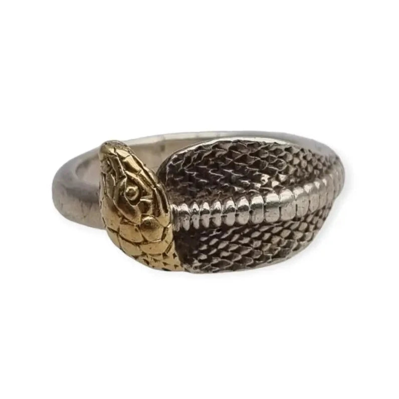 Anillo vintage de serpiente plata 925 cabeza dorado joyería cobra 1990.