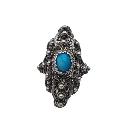 Anillo lanzadera de filigrana plata y bola azul estilo victoriano mujer.