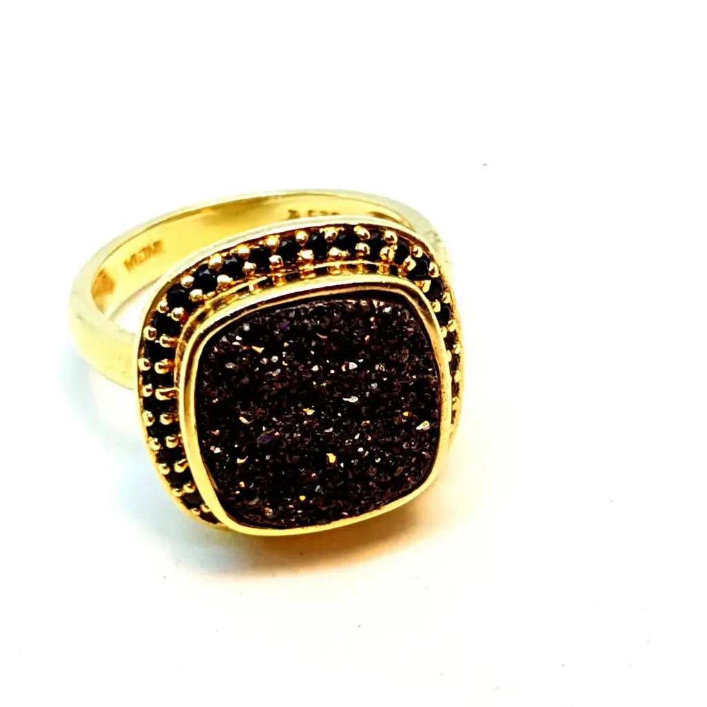 Anillo vintage anillo druzy bronce y espinela negra plata oro 14k talla 9