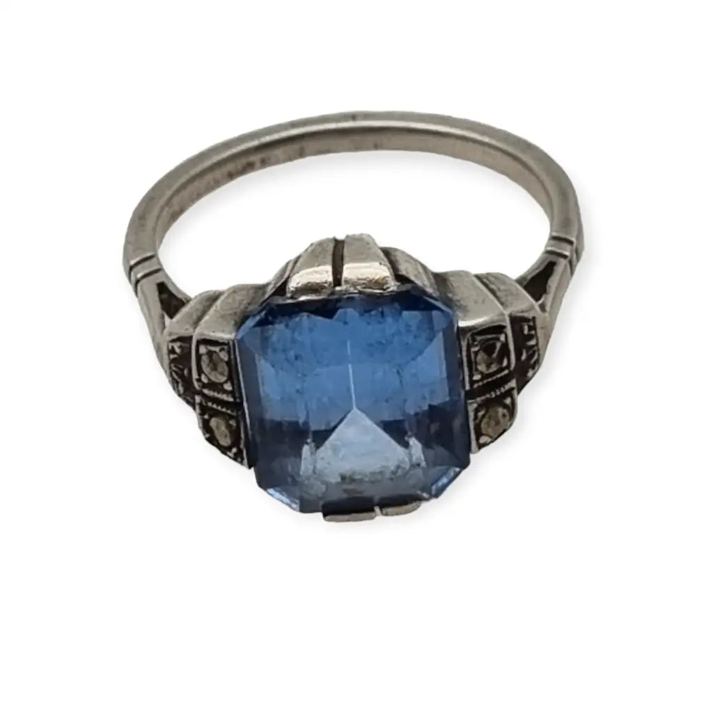 Anillo art déco antiguo para mujer de plata compromiso con piedra azul