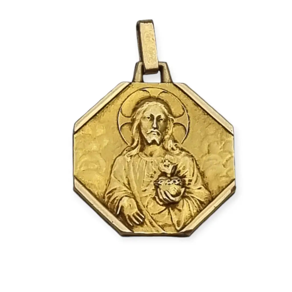 Medalla antigua religiosa de Virgen del Carmen y Sagrado Corazón oro FIX 1910.