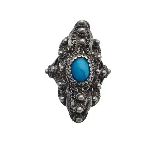 Anillo lanzadera de filigrana plata y bola azul estilo victoriano mujer.