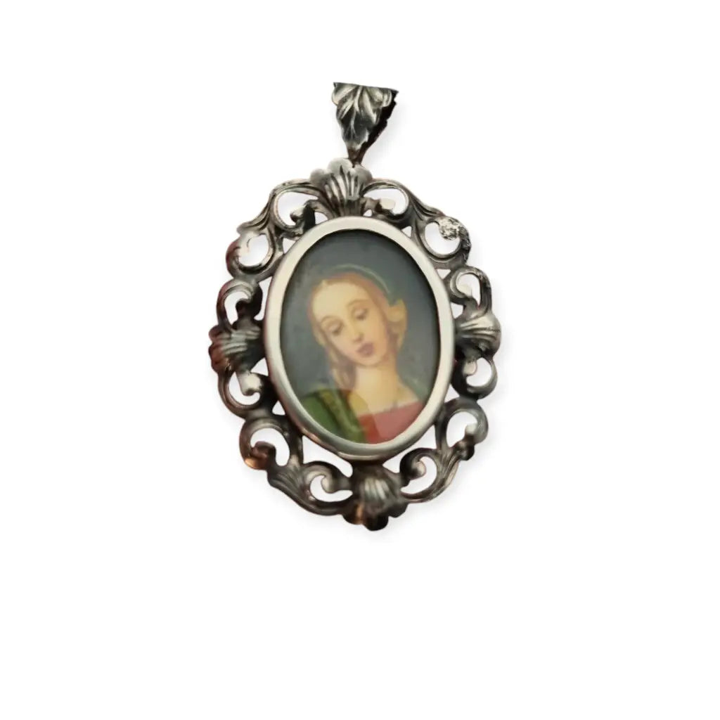 Colgante de plata 800 miniatura Virgen joya religiosa italiana siglo XX.