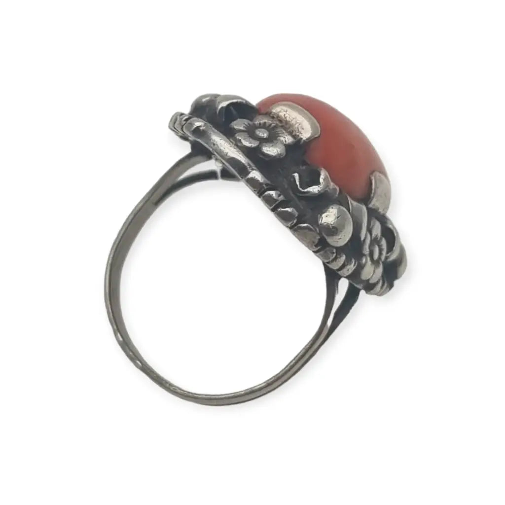 Anillo Art Deco Coral y Plata joyería floral de mujer Ideal regalos antiguos.