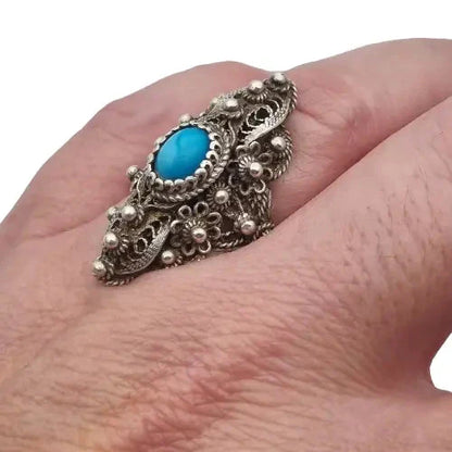 Anillo lanzadera de filigrana plata y bola azul estilo victoriano mujer.