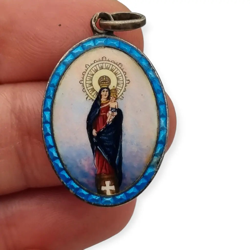 Medalla de Plata Virgen María con el Niño Esmalte Azul Colgante Religioso.