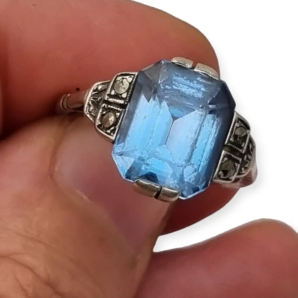 Anillo art déco antiguo para mujer de plata compromiso con piedra azul