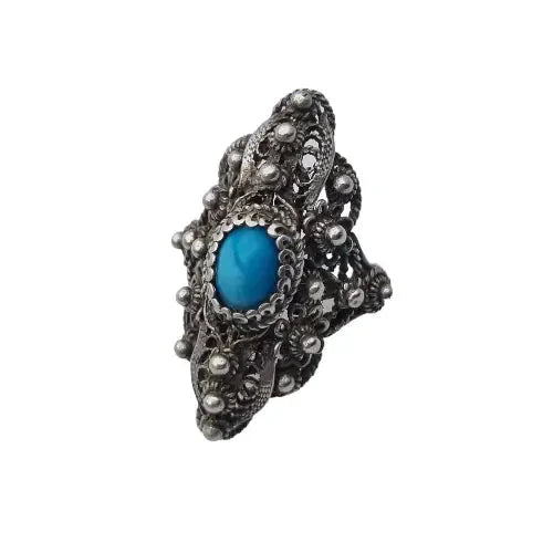 Anillo lanzadera de filigrana plata y bola azul estilo victoriano mujer.