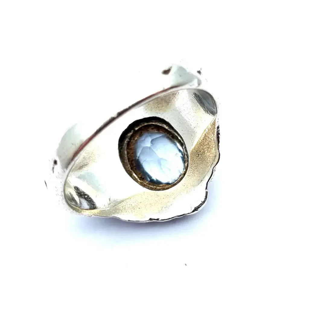 Anillo art déco de plata y símil aguamarina Circa 1960. Joyería antigua