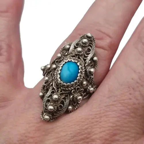 Anillo lanzadera de filigrana plata y bola azul estilo victoriano mujer.