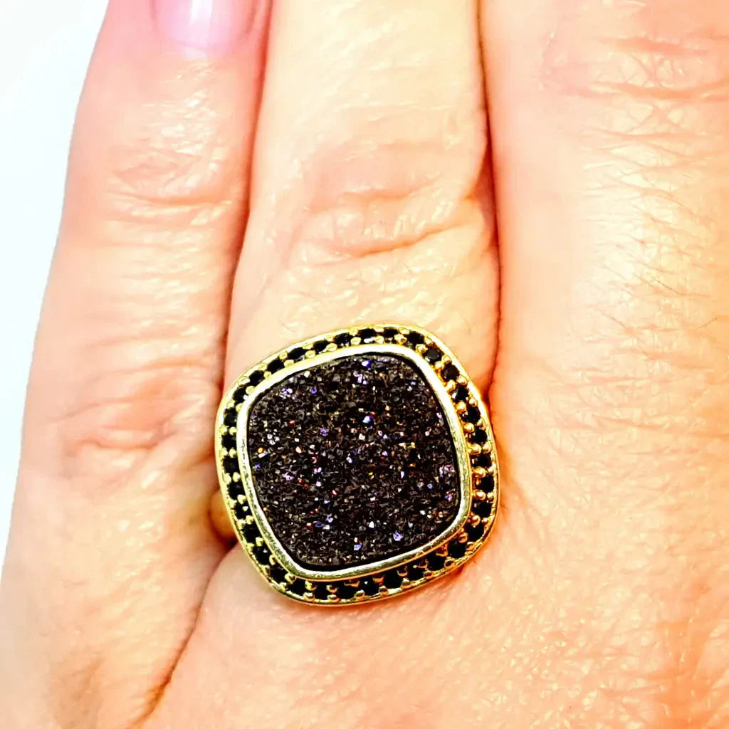 Anillo vintage anillo druzy bronce y espinela negra plata oro 14k talla 9