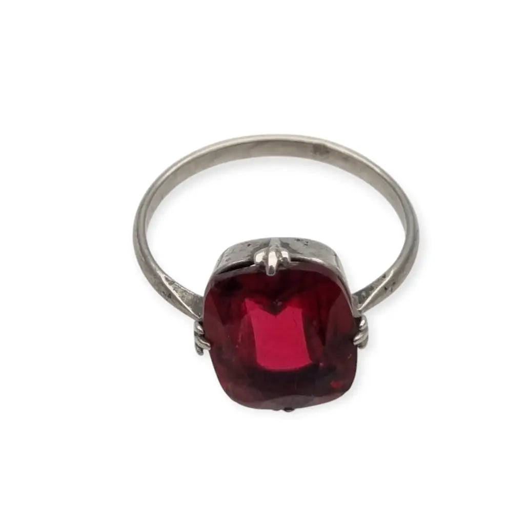 Anillo Art Decó Vintage de Plata y Piedra Roja Estilo Clásico para Mujer