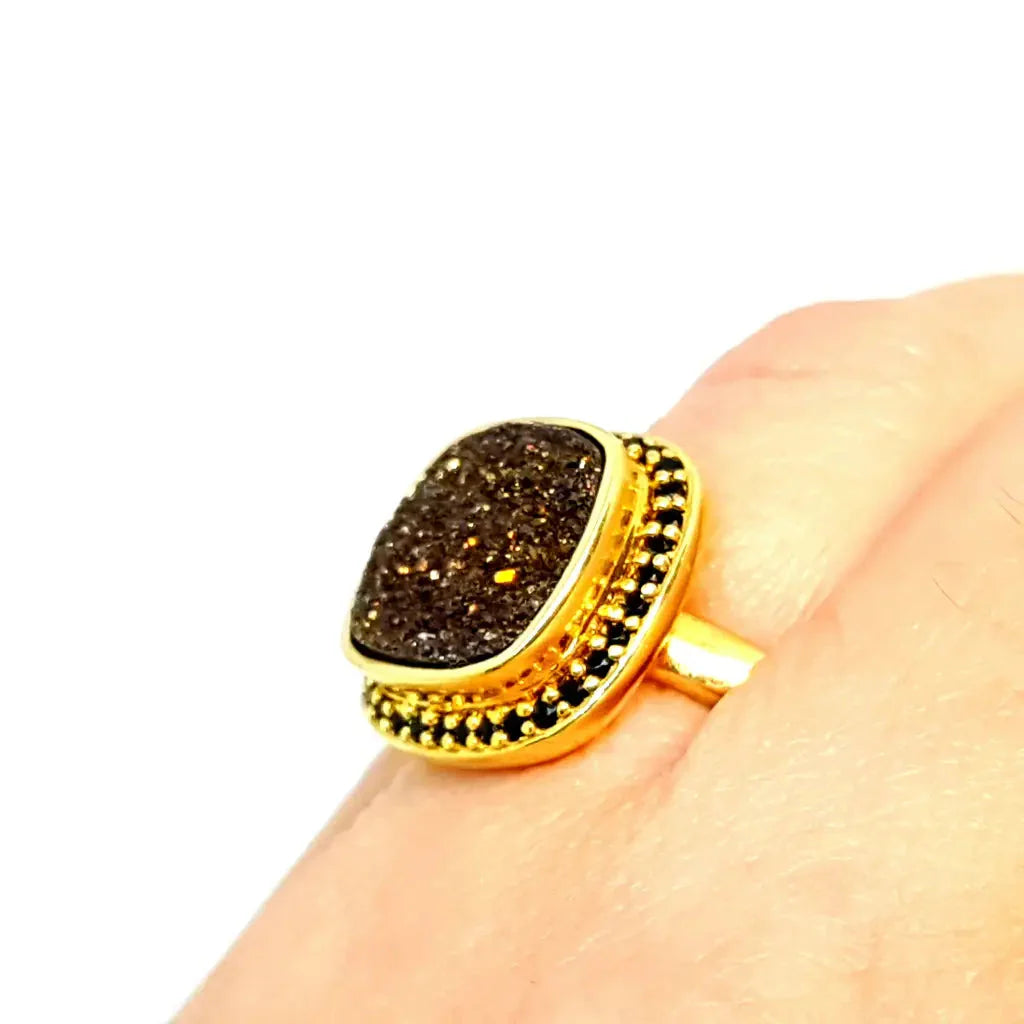 Anillo vintage anillo druzy bronce y espinela negra plata oro 14k talla 9